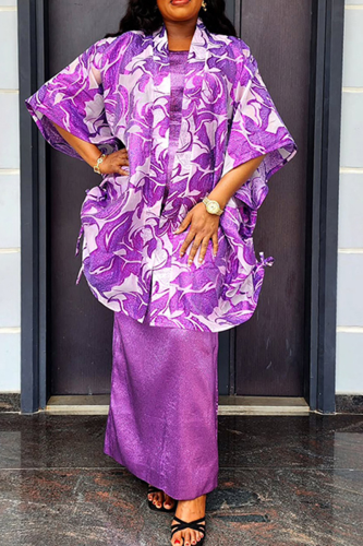 Purple Casual Print Draw String Cardigan Collar Plus Size Two Pieces