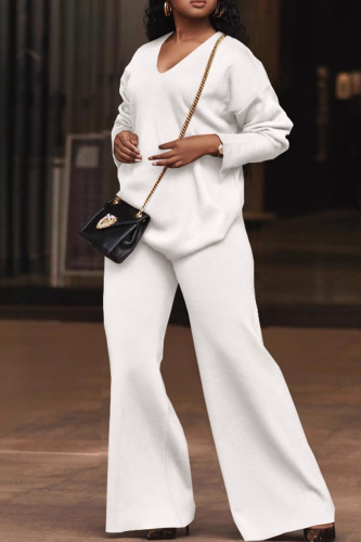 White Casual Solid Color Patchwork V Neck Long Sleeve Two Pieces