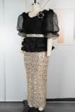 Deep Blue Elegant Solid Color Sequins Flower Shape O Neck Wrapped Skirt Plus Size Dresses