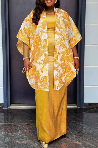 Yellow Casual Print Draw String Cardigan Collar Plus Size Two Pieces