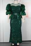 White Elegant Solid Color Sequins O Neck Long Plus Size Dresses