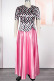 Yellow Elegant Stripe Contrast Oblique Collar Plus Size Two Pieces