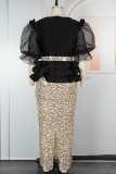 Deep Blue Elegant Solid Color Sequins Flower Shape O Neck Wrapped Skirt Plus Size Dresses