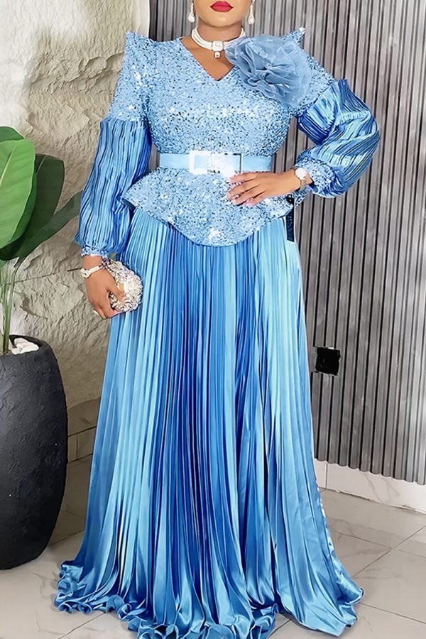 Light Blue Elegant Solid Color Sequins With Belt V Neck Long Plus Size Dresses