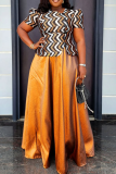 Yellow Elegant Stripe Contrast Oblique Collar Plus Size Two Pieces