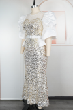 White Elegant Solid Color Sequins O Neck Long Plus Size Dresses