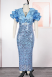 Blue Elegant Solid Color Sequins With Belt V Neck Wrapped Skirt Plus Size Dresses