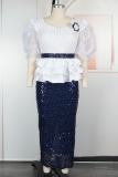 Deep Blue Elegant Solid Color Sequins Flower Shape O Neck Wrapped Skirt Plus Size Dresses