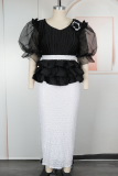 Deep Blue Elegant Solid Color Sequins Flower Shape O Neck Wrapped Skirt Plus Size Dresses