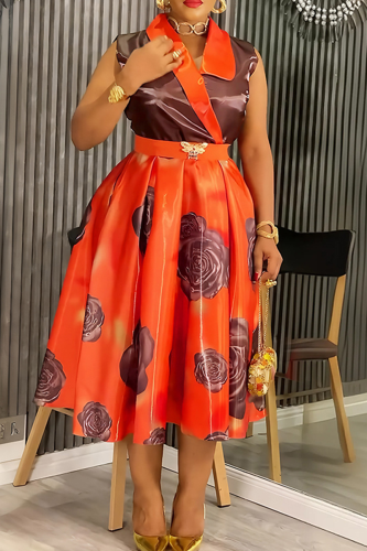 Orange Elegant Print Contrast V Neck A Line Plus Size Dresses