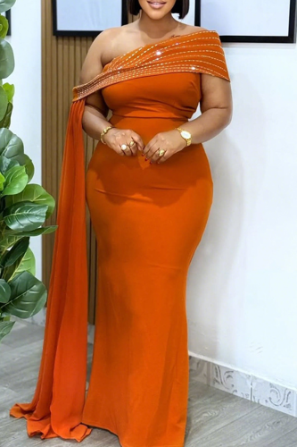 Orange Sexy Solid Color Hot Drill Oblique Collar Long Dresses