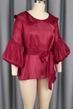 Burgundy Casual Solid Color Strap Design O Neck Tops