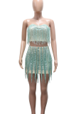 Green Sexy Solid Color Fringed Trim Strapless Sleeveless Two Pieces