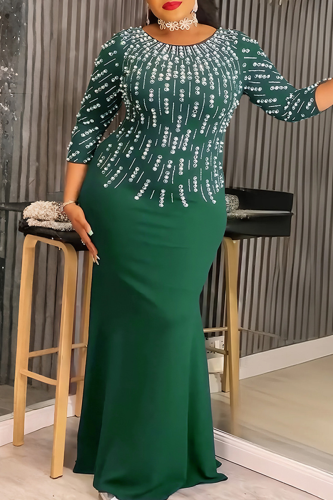 Green Elegant Solid Color Hot Drill Zipper O Neck Evening Plus Size Dresses
