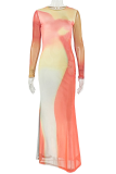 Orange Yellow Elegant Print Patchwork O Neck Long Dresses
