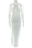 White Sexy Solid Color High Slit Flower Shape Halter Long Dresses