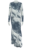 Black Gray Sexy Print See-Through O Neck Long Dresses