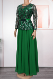 Champagne Elegant Solid Color Sequins With Belt O Neck Long Plus Size Dresses