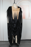Black Casual Ruched Contrast V Neck Long Dresses