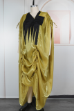 Black Casual Ruched Contrast V Neck Long Dresses