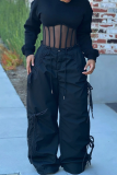 Black Casual Solid Color Draw String Loose Mid Waist Conventional Patchwork Bottoms