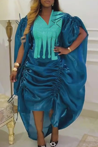 Blue Gray Casual Ruched Contrast V Neck Long Dresses