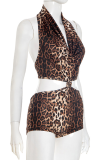 Leopard Print Sexy Leopard Print Backless Halter Regular Rompers