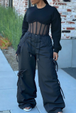 Black Casual Solid Color Draw String Loose Mid Waist Conventional Patchwork Bottoms