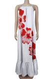 White Sexy Print Backless Spaghetti Strap Long Dresses