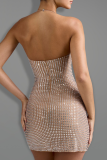 Apricot Sexy Solid Color Backless Hot Drill Halter Wrapped Skirt Dresses