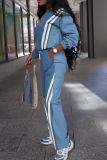 Khaki Casual Stripe Contrast O Neck Long Sleeve Two Pieces
