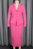 Pink Elegant Solid Color Buckle Turndown Collar Long Sleeve Two Pieces