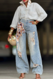 Blue Casual Flowers Ripped High Waist Loose Denim Jeans