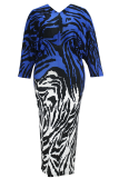 Blue Elegant Stripe Contrast V Neck Long Plus Size Dresses