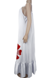 White Sexy Print Backless Spaghetti Strap Long Dresses