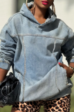 Blue Casual Solid Color Pocket Hooded Tops