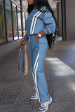 Khaki Casual Stripe Contrast O Neck Long Sleeve Two Pieces
