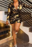 Black Gold Sexy Print Ruched V Neck Wrapped Skirt Dresses