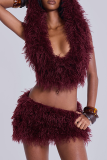 Burgundy Sexy Solid Color Hooded Sleeveless Two Pieces