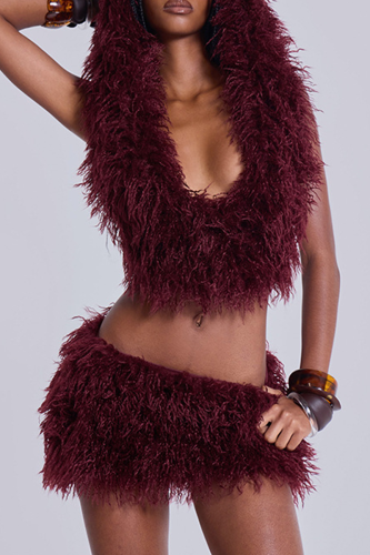 Burgundy Sexy Solid Color Hooded Sleeveless Two Pieces