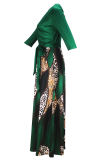 Green Casual Print Strap Design V Neck Long Dresses