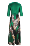 Green Casual Print Strap Design V Neck Long Dresses