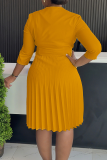 Rose Red Elegant Solid Color Pleated Turndown Collar Long Dresses