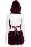 Burgundy Sexy Solid Color Hooded Sleeveless Two Pieces
