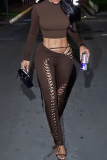 Burgundy Sexy Solid Color Cross Straps O Neck Long Sleeve Two Pieces