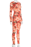 Red Casual Print O Neck Long Sleeve Two Pieces