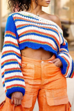 Blue Casual Stripe Contrast O Neck Tops