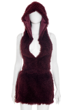 Burgundy Sexy Solid Color Hooded Sleeveless Two Pieces