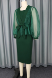 Green Elegant Solid Color Mesh Long Sleeve Two Pieces