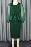 Green Elegant Solid Color Mesh Long Sleeve Two Pieces